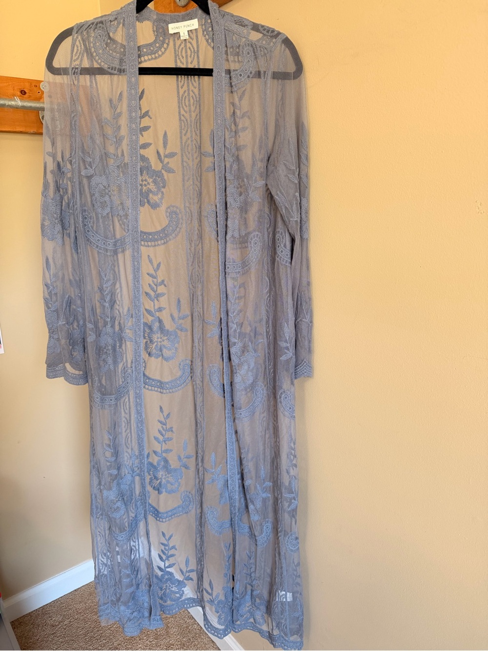 Honey Punch Dusty Blue Embroidered Sheer Duster